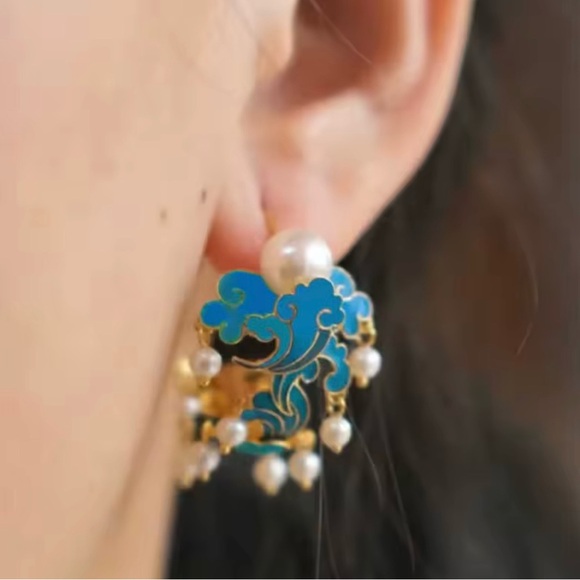 Jewelry - Chinese Vintage Qing Dynasty Blue Cloud & Pearl Hoop Earrings